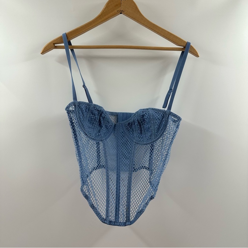 Urban Outfitters “Out From Under” Fishnet Corset Top – Dusty Blue, Size Medium